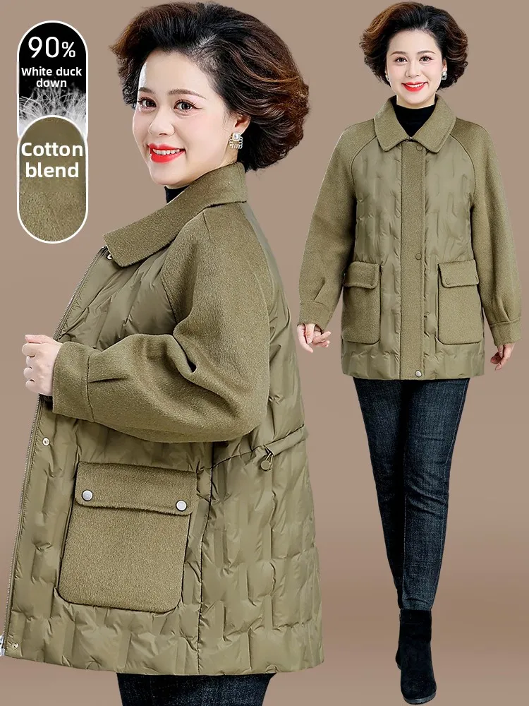

Winter Faionable down Jaet for Middle-Aged And ly Women Woolen Patchwork Thiened Cotton Coat Single-Breasted Sle