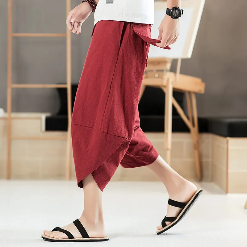 

Men's Hanfu Cotton Linen Loose Casual Beach Pants Summer Breathable Wide Leg orts Straight Cut Leisure Trousers