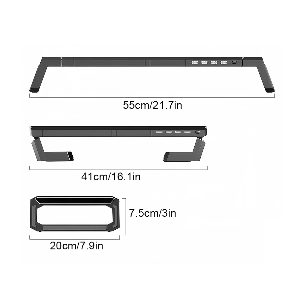 Support de moniteur PC 4USB, bande lumineuse RGB 7 couleurs, bras de stockage, barre spatiale, support de moniteur pour ordinateur portable avec chargement USB