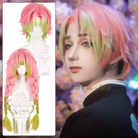 Anime Kanroji Mitsuri Cosplay Costume Wig Fluffy Pink Green Gradiented Wig Mitsuri Gender Transition Long/Short WIG Role-playing