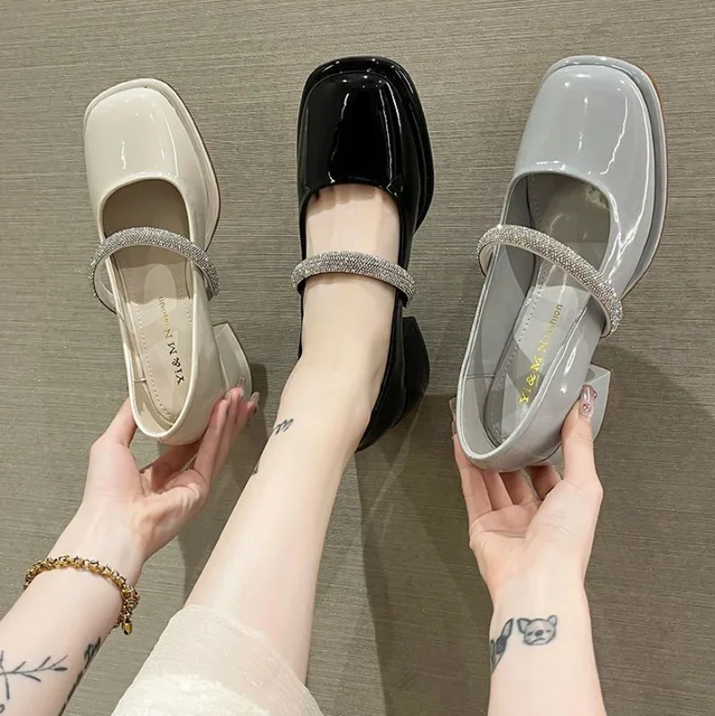 Black Shoes for Women with Medium Heels Japanese Style Lolita Square Toe Normal Leather Casual Mary Jane Rhinestone Gothic 39 E