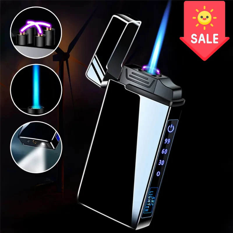 3in1 Jet Lighter Metal Windproof Flameless Electric Lighter Power Display USB Charge Plasma Butane Gas Lighter With Flashlight