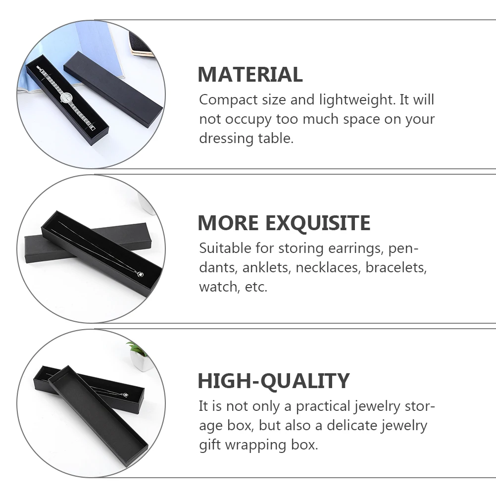 Caixa de relógio retangular preta, 6 peças, 5x3x22 5cm, armazenamento de joias, almofada de esponja, colar, pulseira, caixa de presente, exibição ganizer, decoração de casa