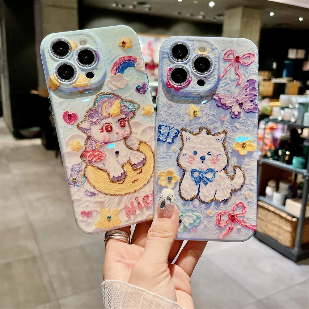 Cute Cartoon Jewelled Phone Case For Iphone 12 13 14 15 Pro Max Blu-ray Shockproof PC Protection Hard Shell Back Cover