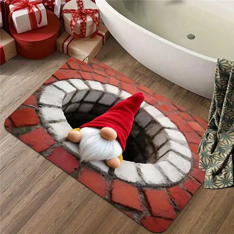 1pc HD 2D Flat-Printed Floor Mat (Christmas Theme) – Machine-washable indoor/outdoor mat featuring cute gnomes and chimney desig