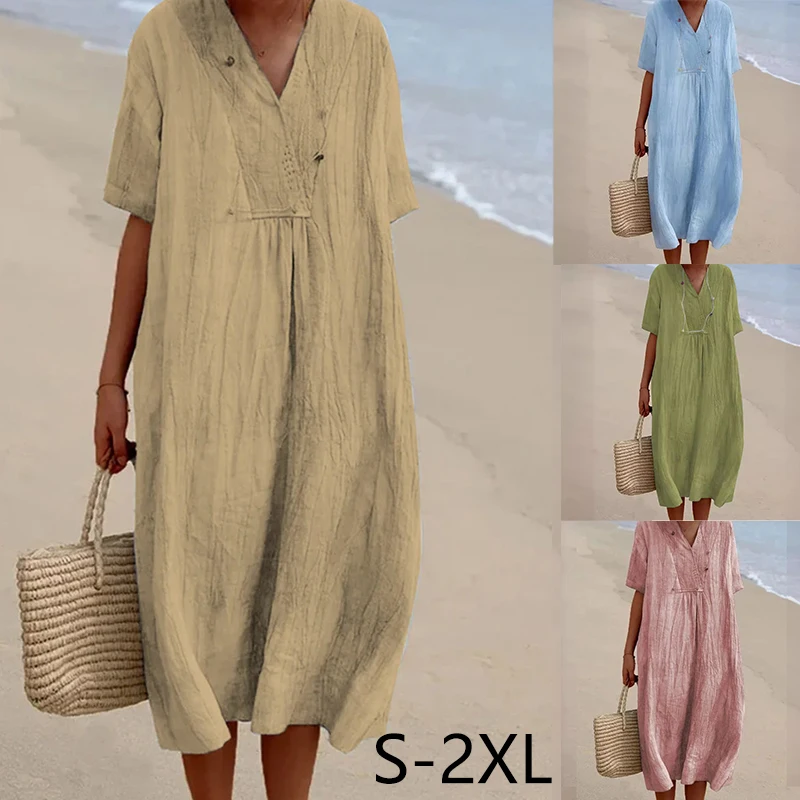 

Vintage Women Plus Size Cotton Linen Dress Summer Solid Short Sleeve V-Neck A-Line Dress Ladies Casual Holiday Vestido