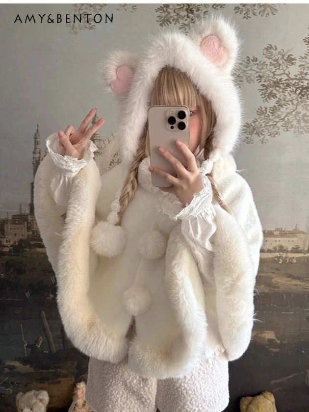 

Winter Lolita Style Cute Bunny Ears Soft Plush Short Cape Shawl Women Sweet Thickened Warm Single-Breasted Loose Short Cape