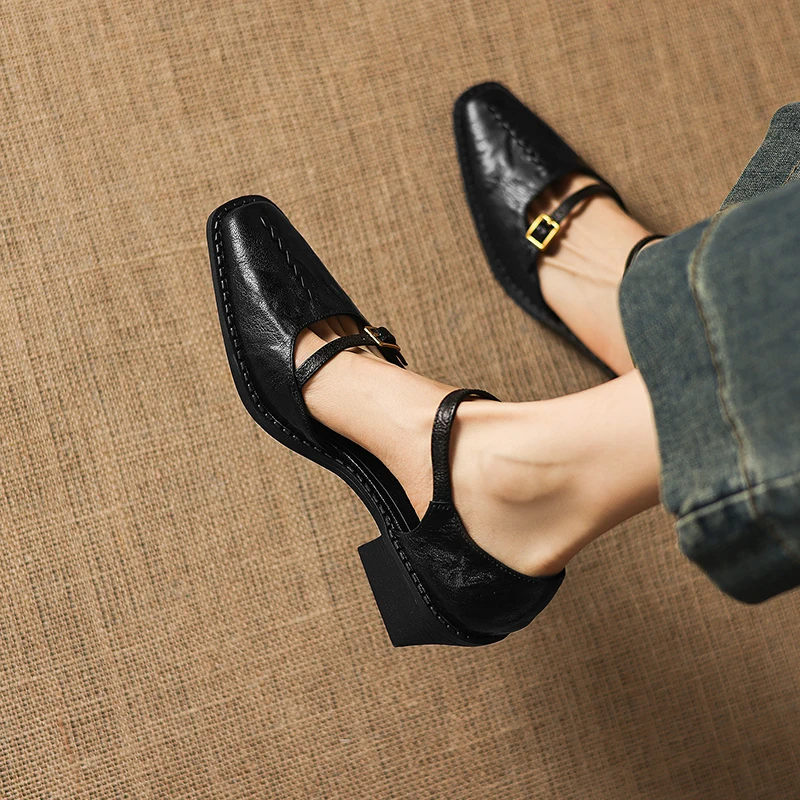2026 new summer women sandals natural leather 22-25cm soft sheepskin+pigskin square toe ankle-buckle thick heel women shoes
