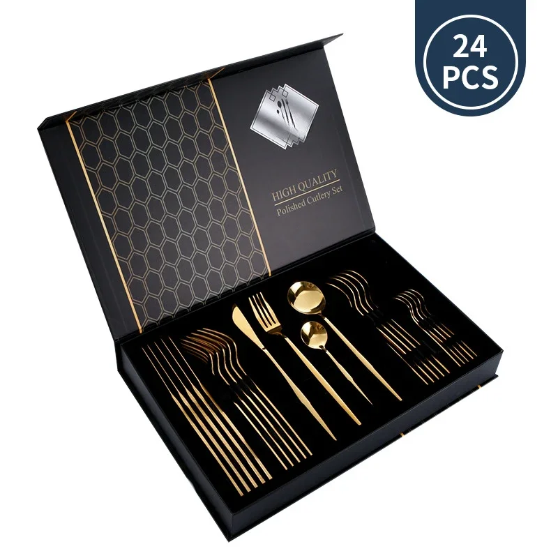 Ensemble de vaisselle populaire en acier inoxydable, couteau à steak, cuillère à dessert, coffret cadeau de style occidental, 24 pièces