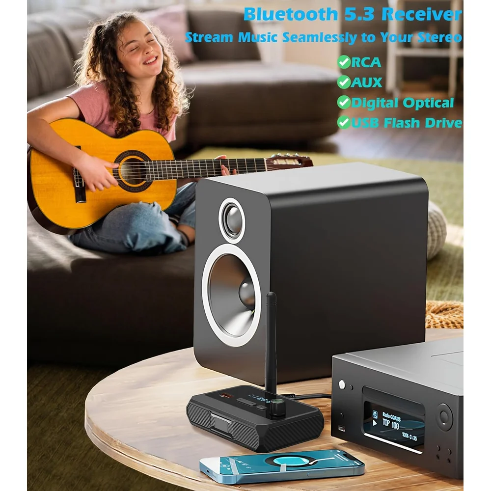 Bluetooth5.3 Receiver Wireless Stereo Music Fiber Optical RCA 3.5mm AUX Support U-Disk Playback for Wired Speaker Car  Amplifier