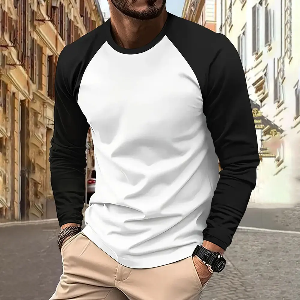 Men's Large Size Loose Color T-shirt Spring And Autumn New Fashion Round Neck Long Sleeve Men's Street Daily Casual Sports Shirt