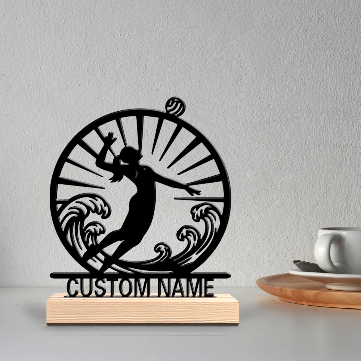 1pc Stylish Personalized Custom Volleyball Metal Statues Modern Wooden Base Decor for Office Living Room Nature-Inspired