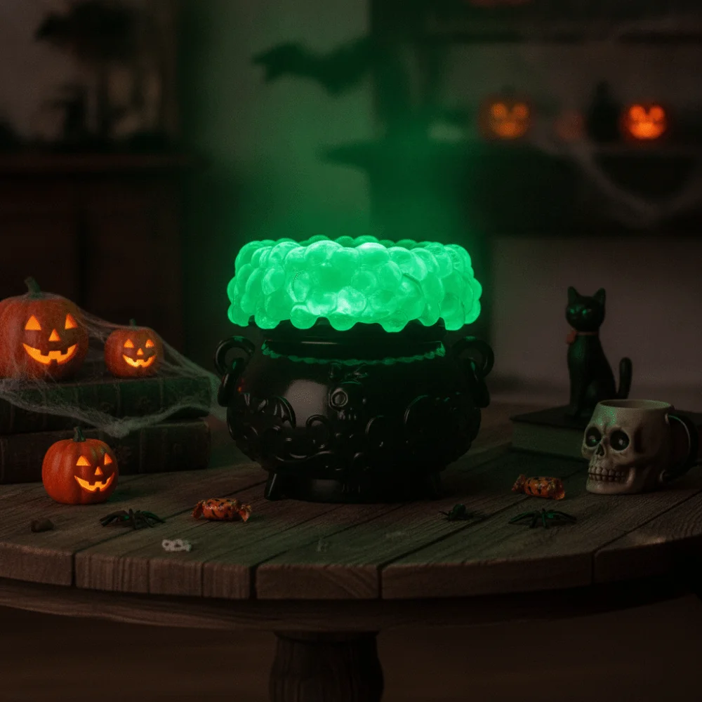 Color-Changing LED Lights Halloween Glowing Bubble Witch Crucible with Remote Control Relief Pattern Crucible Candlestick Gothic