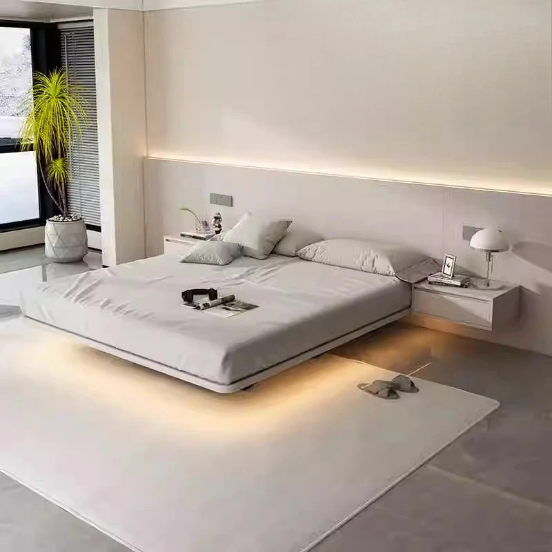 

Suspended bed Italian minimalist tatami no bedside solid wood bed B & B wind lamp storage