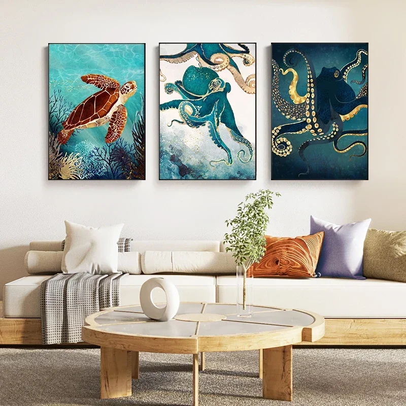 قماش اللوحة المحيط الحيوان الحياة البحرية جدار صورة مجردة معدنية الأخطبوط الحوت قنديل البحر الملصقات غرفة المعيشة ديكور المنزل