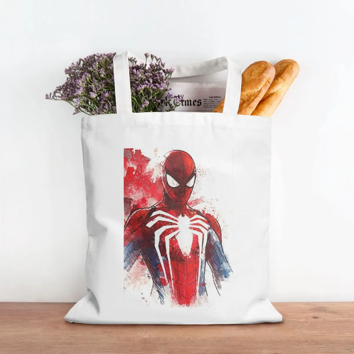 スパイダーマンのキャンバストートバッグ,食料品バッグ,スパイダープリント,ユニセックスのショッピングバッグ