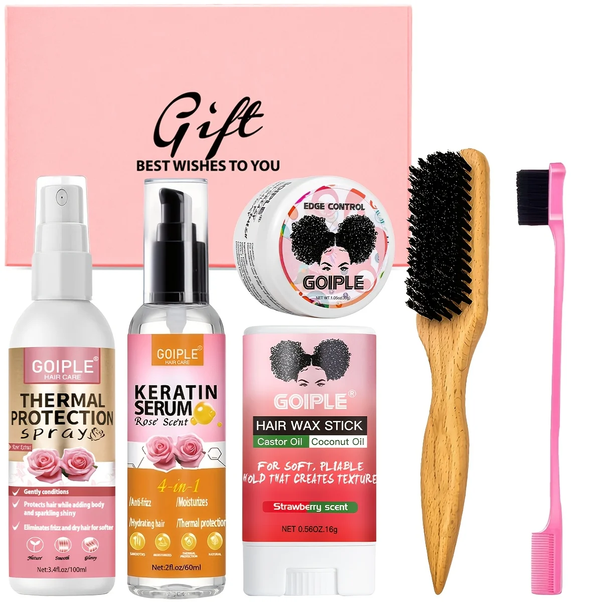 Hair Care Gift Set Thermal Protection Spray Keratin Serum Hair Wax Stick and Edge Control with Tools Kit for Frizzy Damaged Hair