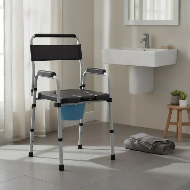 Chaise de toilette pliable antidérapante, hauteur réglable, siège et accoudoirs rembourrés, charge 150 kg, noir
