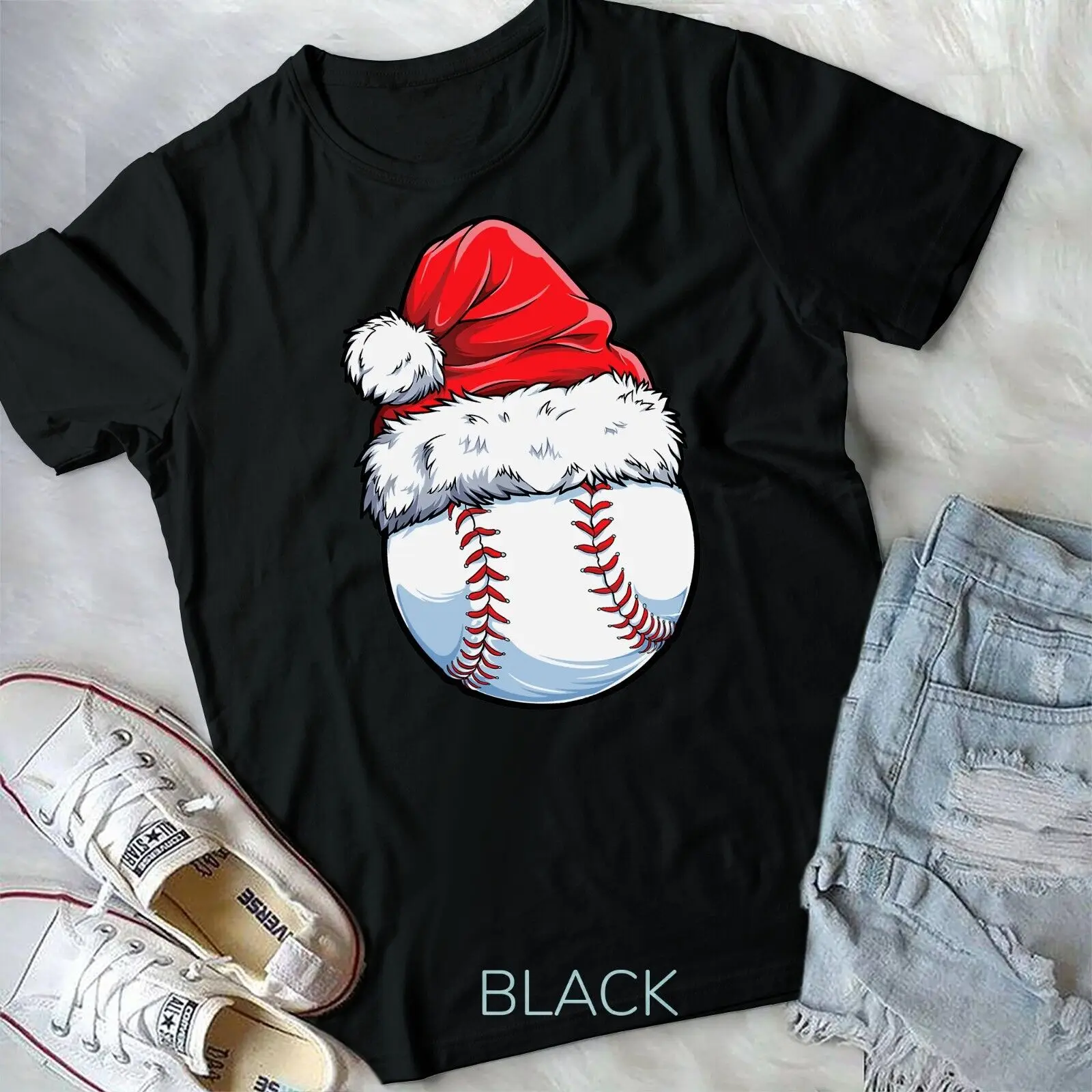 Christmas Baseball Ball Santa Hat Funny Sport Xmas Boys Men Unisex T-shirt