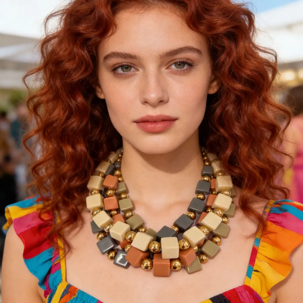 Fashion color square three-dimensional resin multi-layer necklace ethnic style beaded stage with women's jewelry