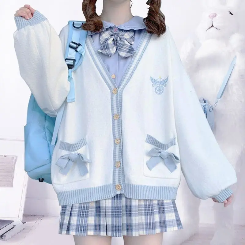 Inverno giapponese Kawaii moda rosa Cardigan donna Harajuku maglione lavorato a maglia carino fiocco cuore coreano stile College JK uniforme cappotto