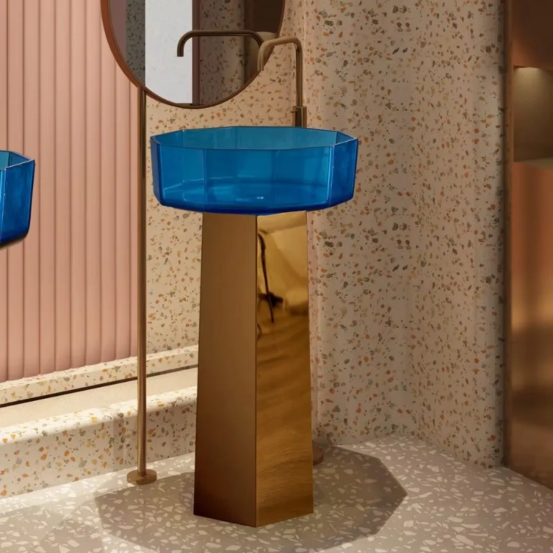 Light Luxury Style Rose Gold Stainless Steel and Transparent Blue Resin Washbasin Combination Pedestal Free Standing Wash Basin