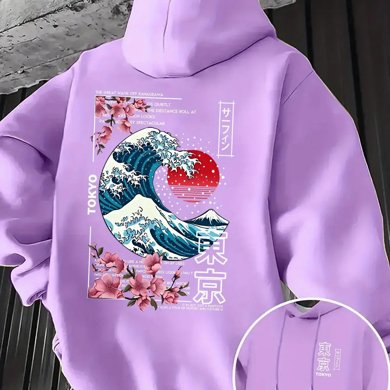 Vintage Oriental Kanagawa Wave Mount Fuji Cherry Blossom Tokyo Back Printed Hoodies Men Women Japanese Letter Oversized Hooded