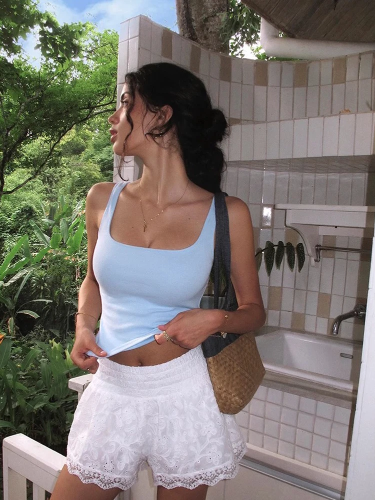 Pantaloncini estivi stile francese High Street Lino Cotone ricamato Bianco Scavato Elastico in vita Donna Vocazione Donna Breve Nuovo
