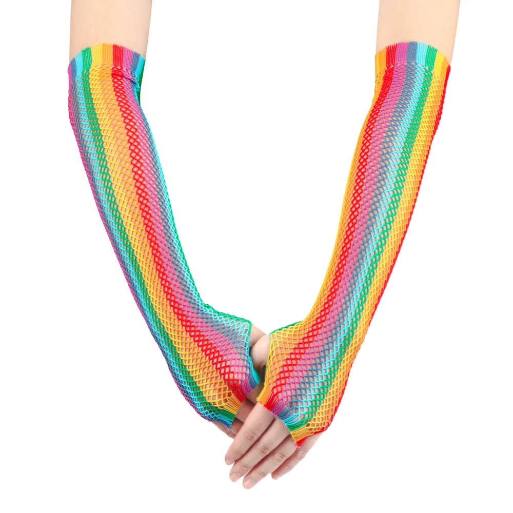Maniche lunghe elastiche in rete colorata arcobaleno Guanti lunghi intrecciati in rete colorata per feste da ballo