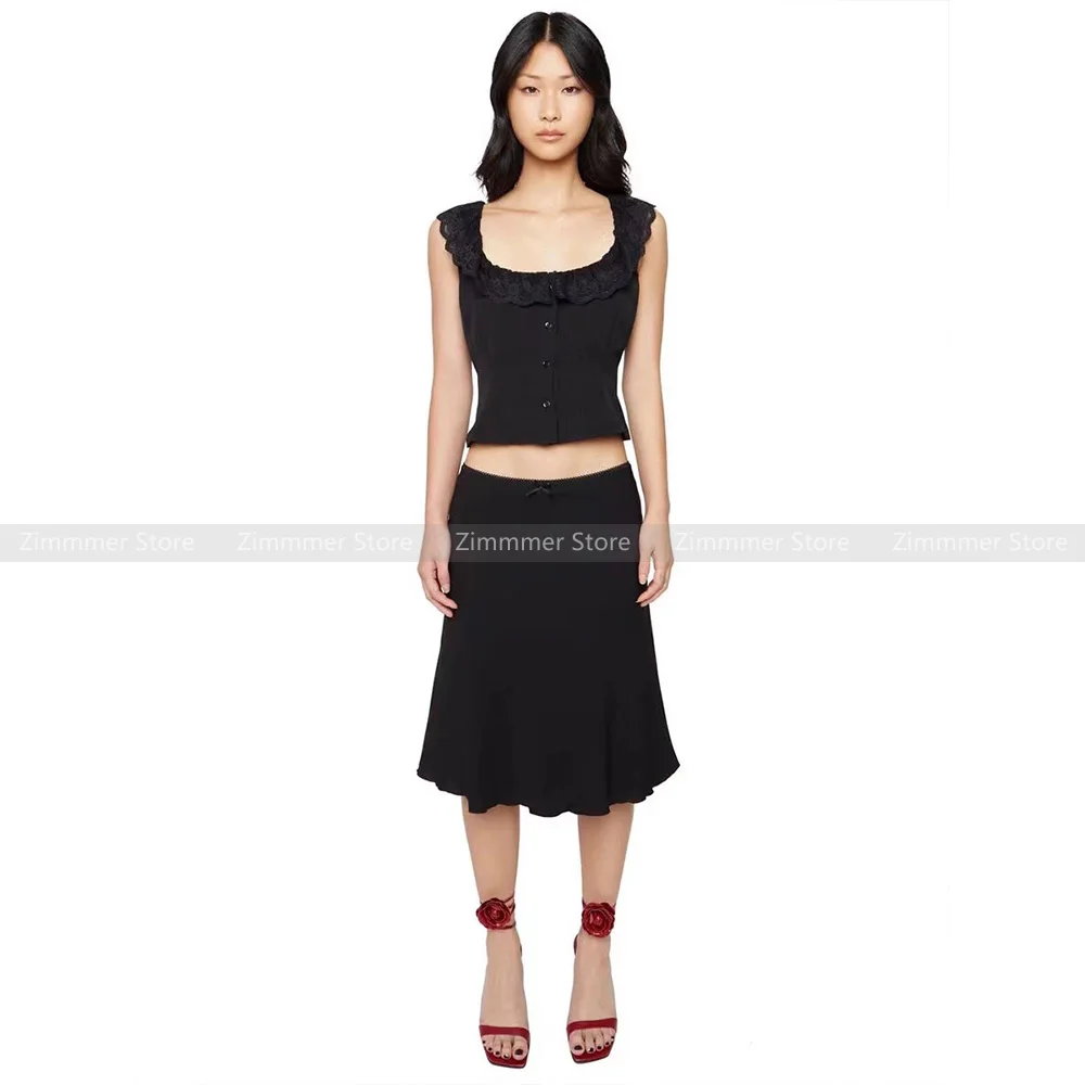 

Beautiful French black low waist bow fishtail mid-length skirt for women