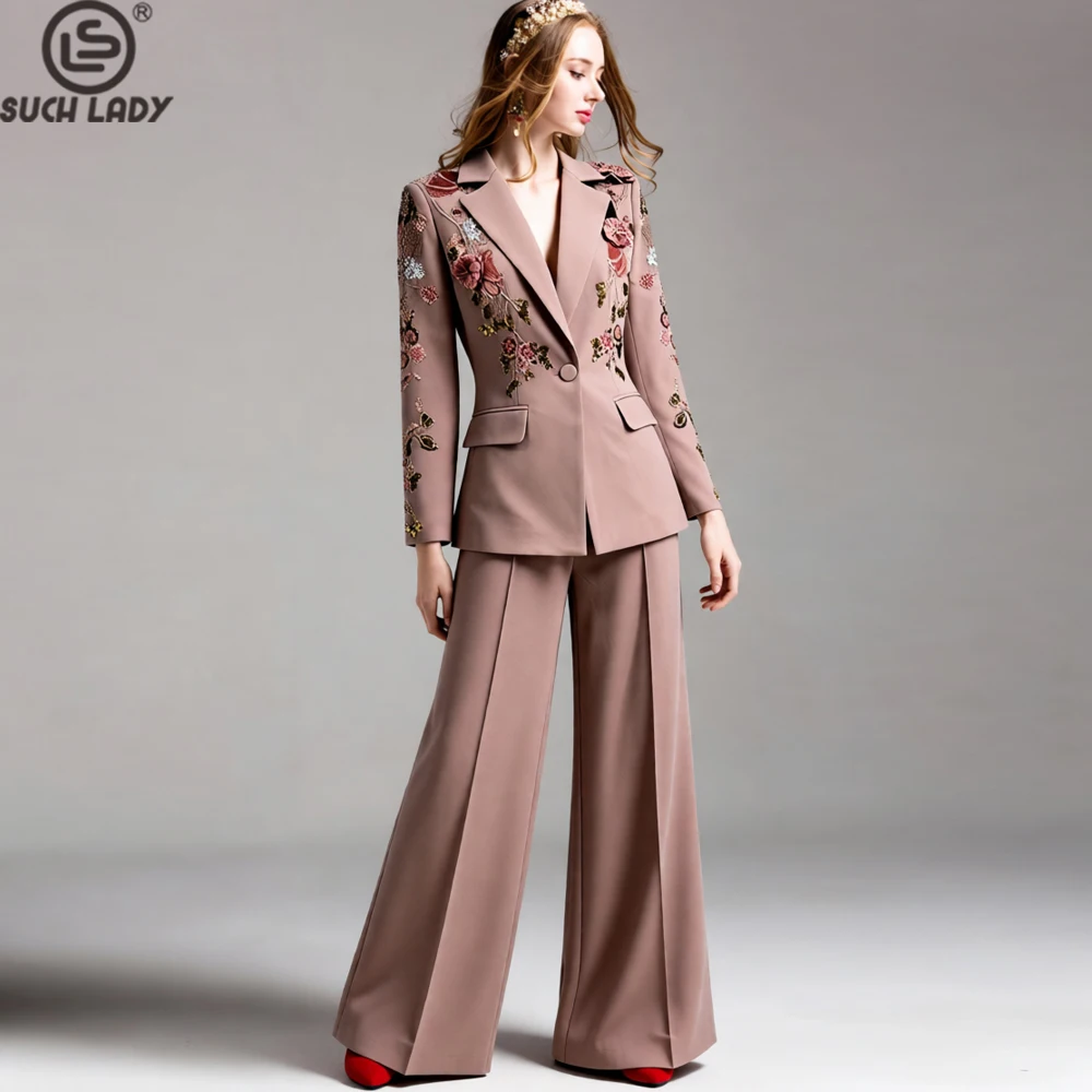 Women's Luxury Beaded Floral Embroidered Blazer and Palazzo Pants Suit - Elegant Evening Party Two Piece Set with 3D Flower Deta