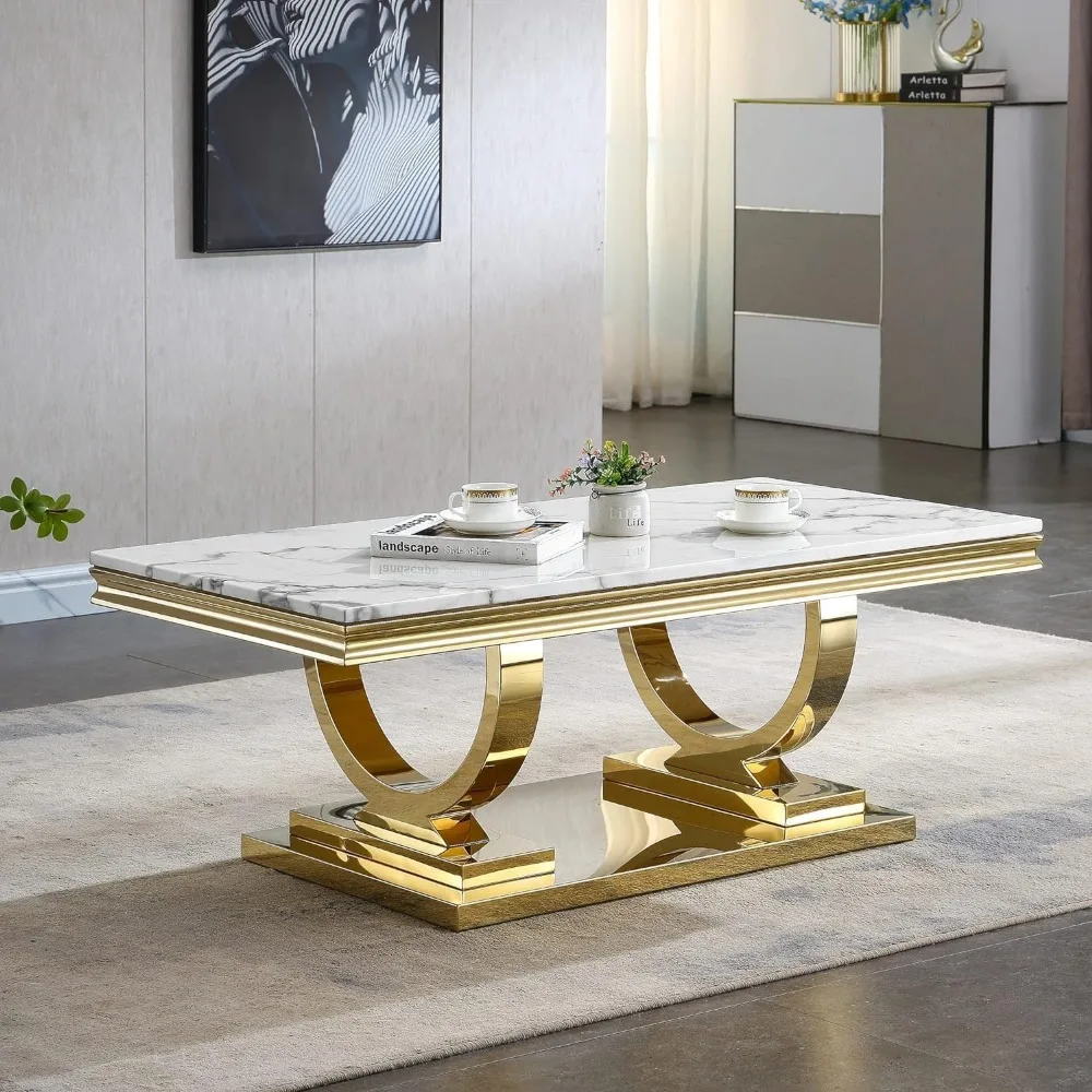 

46.85 Rectangular White Marble Coffee Table, Faux Marble Living Room Table Center Table with Stainless Steel Metal O-Base, Mid C