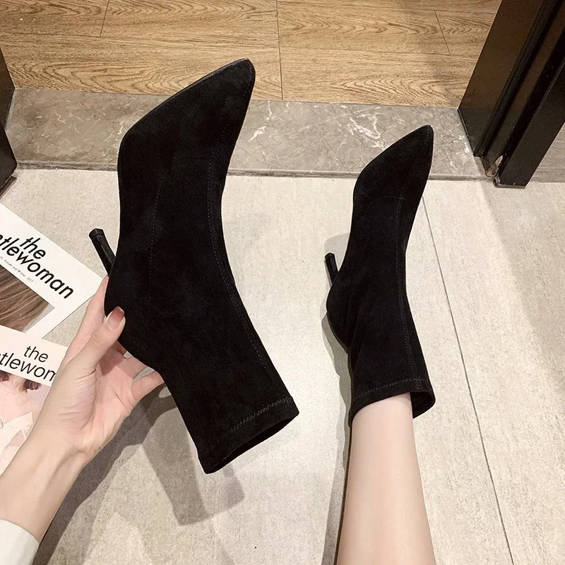 2024 Luxury Women Beige Black Sock Boots Stiletto Thin High Heels Elastic knitting Boots Winter Stretch Fabric Boots Plus Size