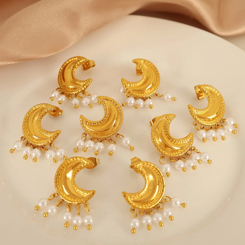 Keen-on 316L Stainless Steel Simulated Pearls Tassel Drop Moon Earrings 18K Gold Color Plated Elegant Exquisite Jewelry