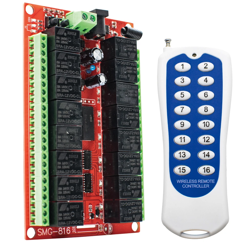 

16 каналов 433 МГц система переключателя беспроводной приемник DC 12 В 24 В реле с RF 433 МГц передатчик дистанционного управления