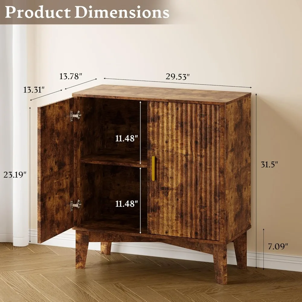 Modern Fluted Storage Cabinet with Adjustable Shelf, Kitchen Pantry Sideboard Coffee Bar Rustic Brown