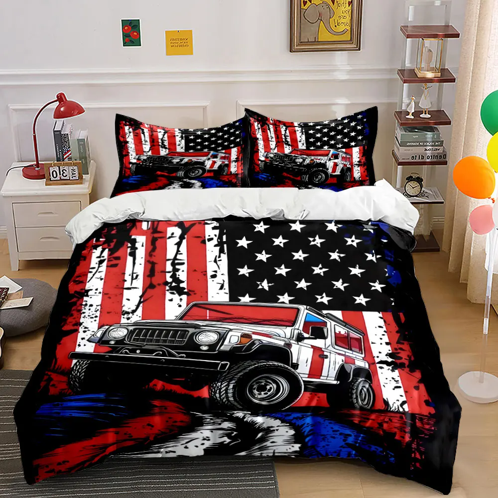 Off-road Vehicle with American Elements Bedding Set for Kids Luxury Gift 3pcs Digital Print Comforter Set Soft Comfortable