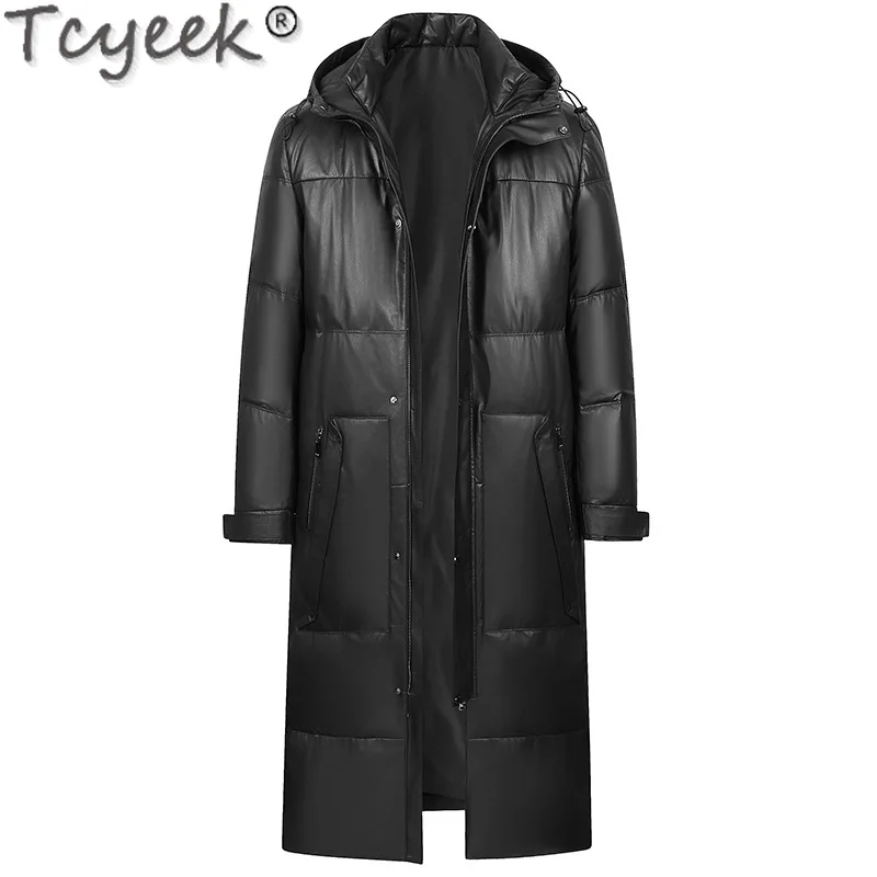 Tcyeek White Goose Down Coat Genuine Leather Down Jacket Men 2025 Winter Jackets Long Style Cowhide Coats Mens Clothing Hooded