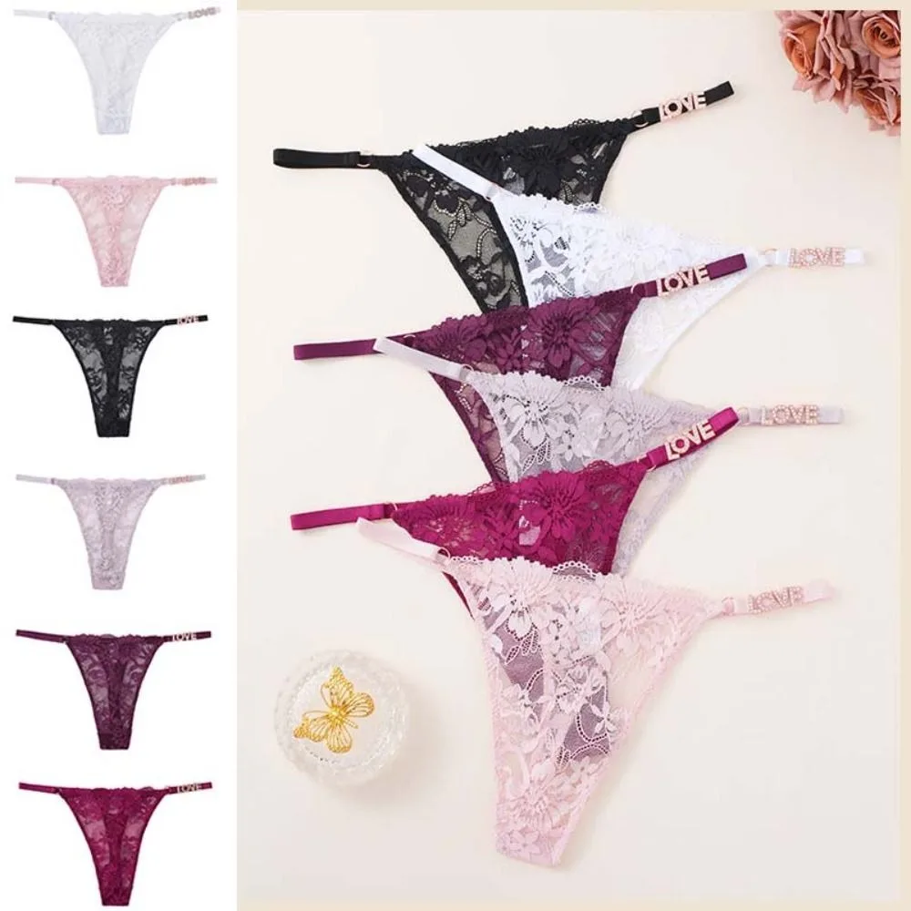 Sweet Rhinestone Letter Lace Panties Seamless Low Waist Women's Mesh Briefs Solid Color Intimates Thin Belt Thong Beach