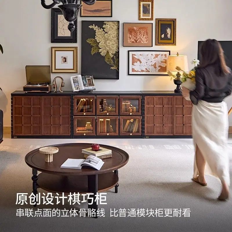 French retro solid wood TV cabinet module combination cabinet medium antique skeleton line living room floor cabinet advanced se