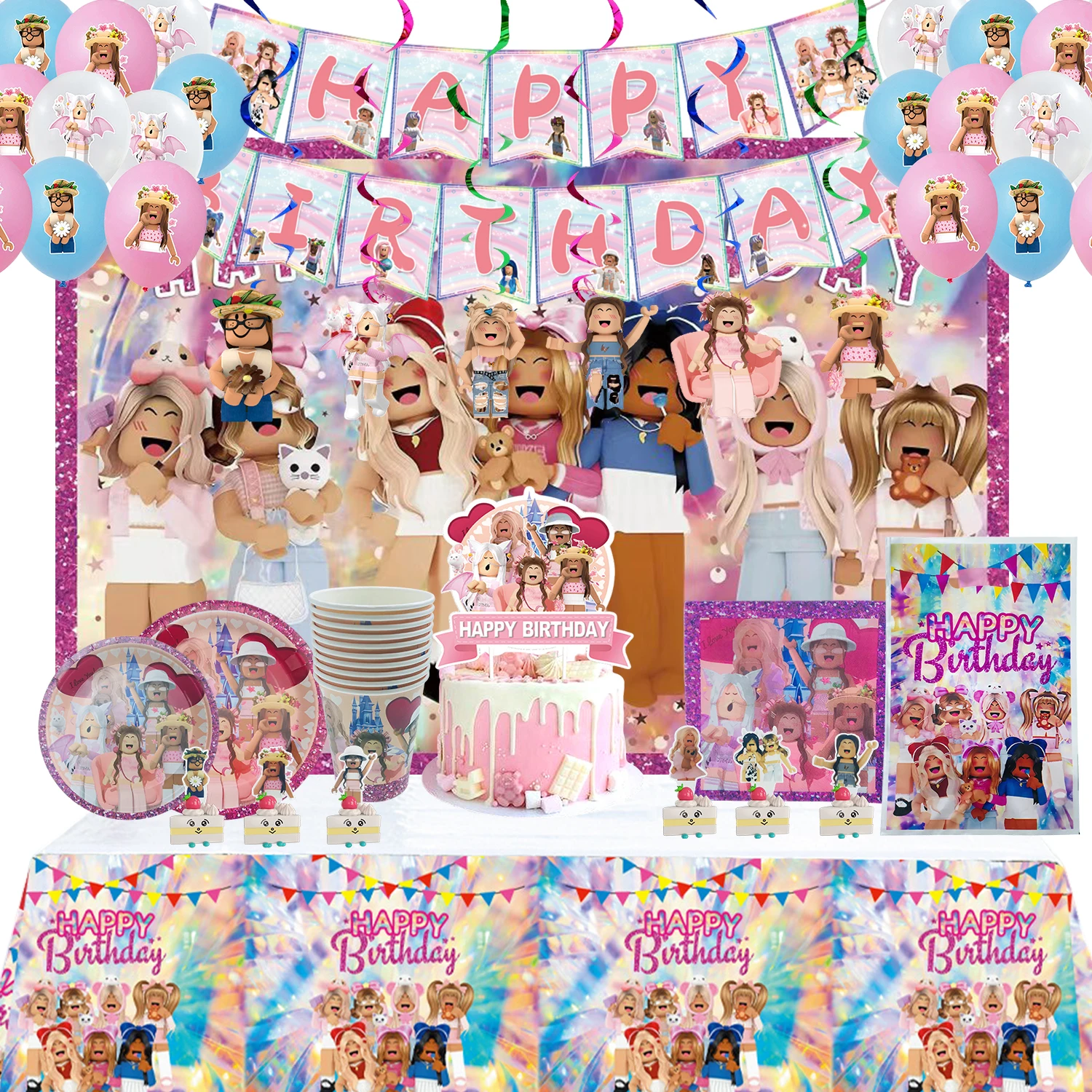 

Pink Robloxed Theme Birthday Party Decorations Tableware Set Balloons Cups Plates Banner Backdrop for Girls Baby Shower Supplies
