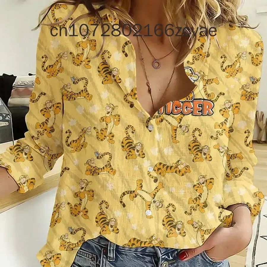 New Disney Long Sleeve Shirt Loose Casual Style Chiffon Y2K Shirt Tigger 3D Printed Breathable Comfortable Women's Elegant Top