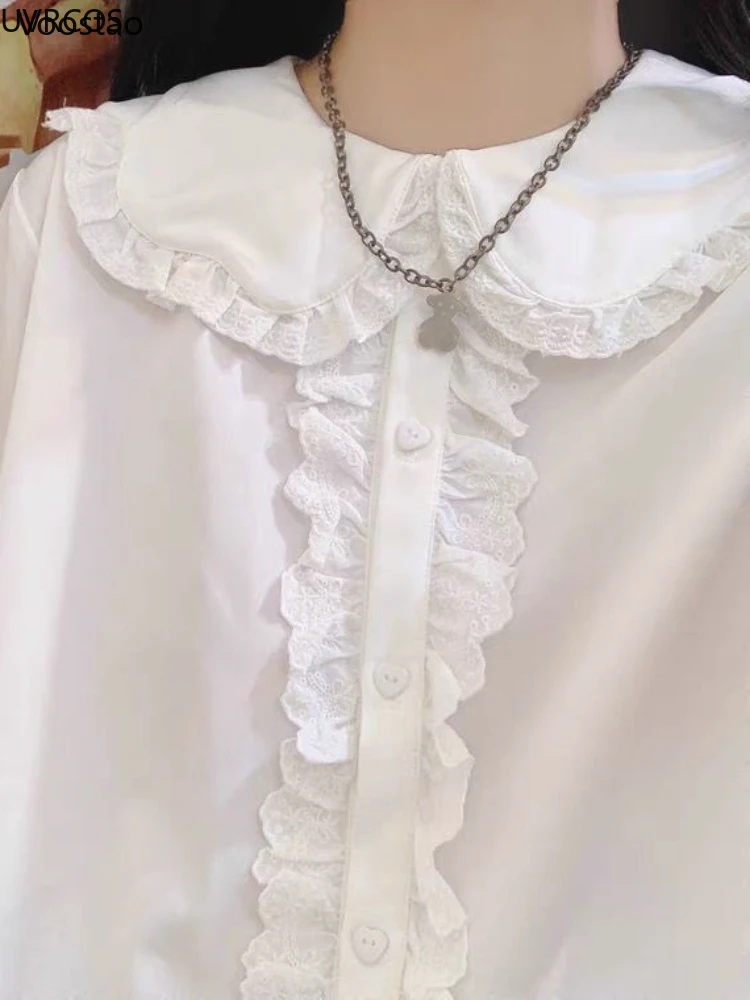 Sweet White Lolita Style Blouses Women Kawaii Rabbit Ears Peter Pan Collar Shirts Girly Cute Ruffles Patchwork Long Sleeve Tops