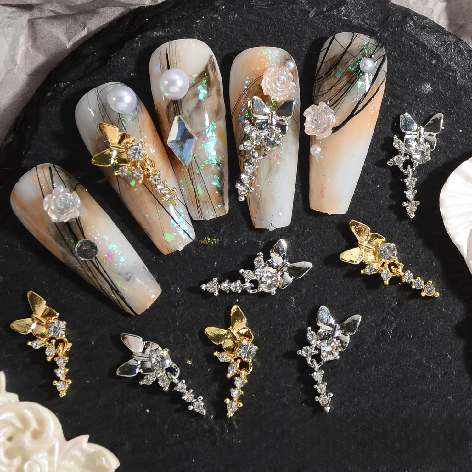 Internet - Famous Bowknot Micro - Set Diamond Nail Accessories - Elegant Cubic Zirconia Chain and Flower Pendant Nail Decoration