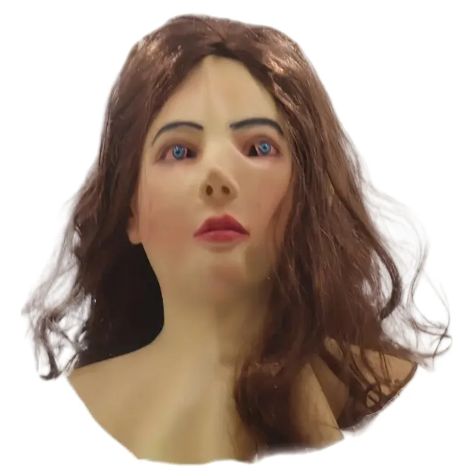 Beautiful Woman Mask Long Hair Wig Halloween Face Simulation Young Face Mask 2025 Scary Costumes & Accessories