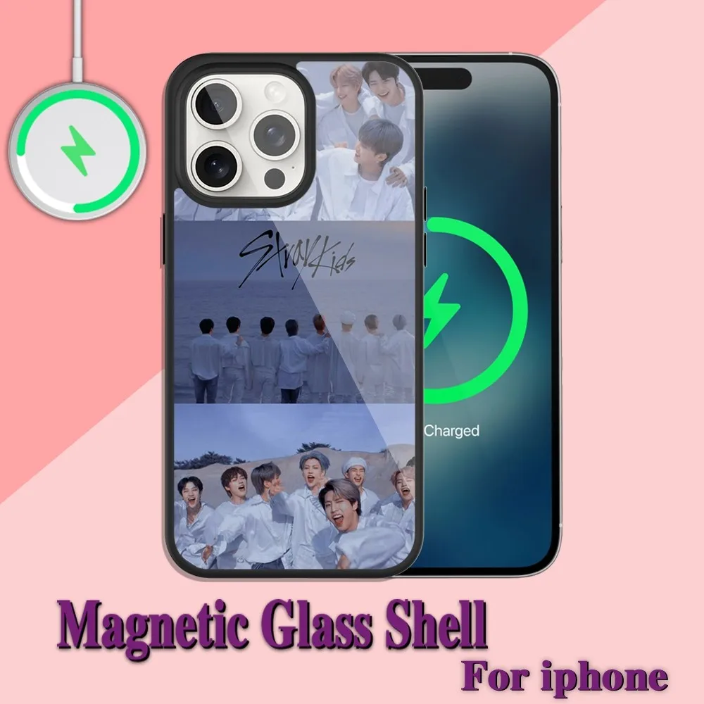 Kpop Stray Kids Phone Case For iPhone Charging 13 14 15 11 12 Pro Max Plus Glass Magsafe Magnetic Shell