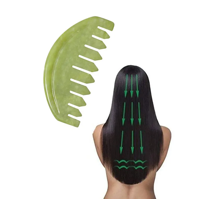 Jade corpo massagem pente cabeça massageador escova de cabelo gua sha placa pedra massagem escova couro cabeludo massageador meridiano pente tratamento de cabelo