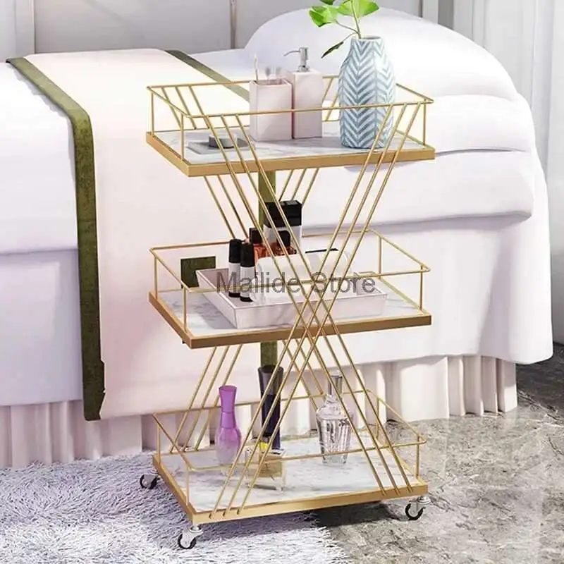 

Iron Art Salon Trolleys Light Luxury Golden Rack Modern Salon Furniture Beauty Salon Trolley with Wheels Home Multi-layer Rack