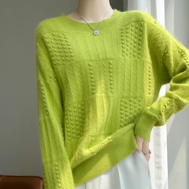 

Autumn Winter New Women's Sweater Bulge Knitted Round Neck 100% Wool Sweater Comfortable Casual Loose Top Versatile Pullover
