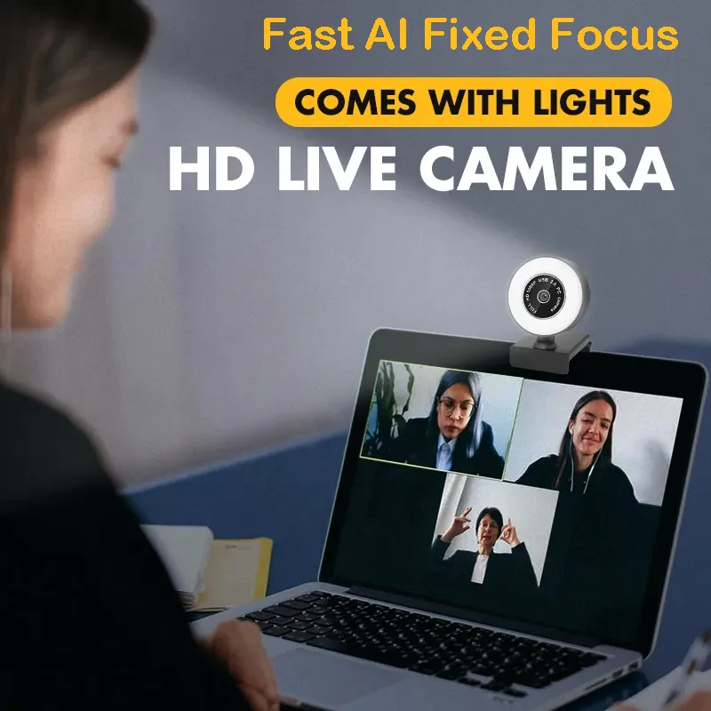 EXHQDR webcam A21 HD 1080P USB camera, fixed focus, plug and play, 3-level adjustable ring light, suitable for HD video anchors